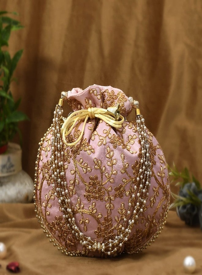 STLYZ Traditional Embroidered Potli Bag For Women, Handmade Pure Silk Potli Handbag Wristlets Ethnic Bridal Potli Batwa Bag For Ladies For Wedding, Return Gifts - Image 3